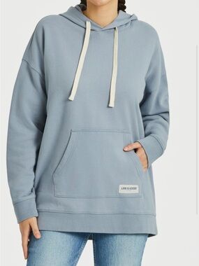 Life Is Good Women's oversized Dusty Blue Hoodie Sweater with Cream Drawstrings